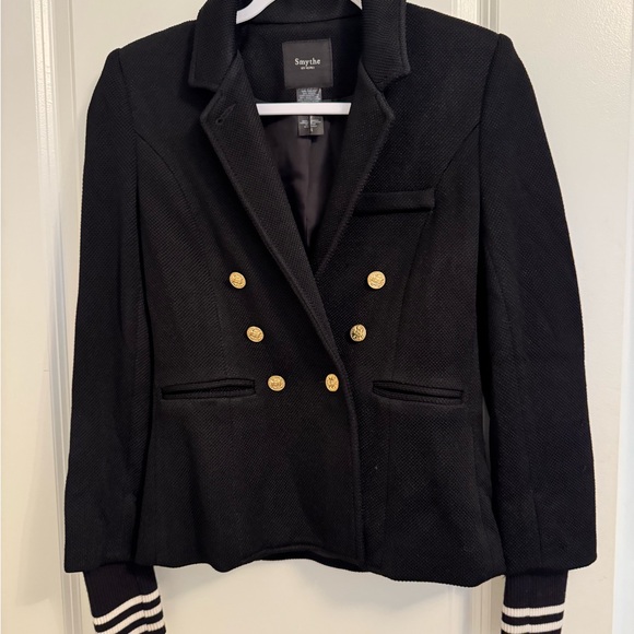 SOLD Smythe black blazer with detachable striped cuffs and gold buttons - Picture 1 of 6